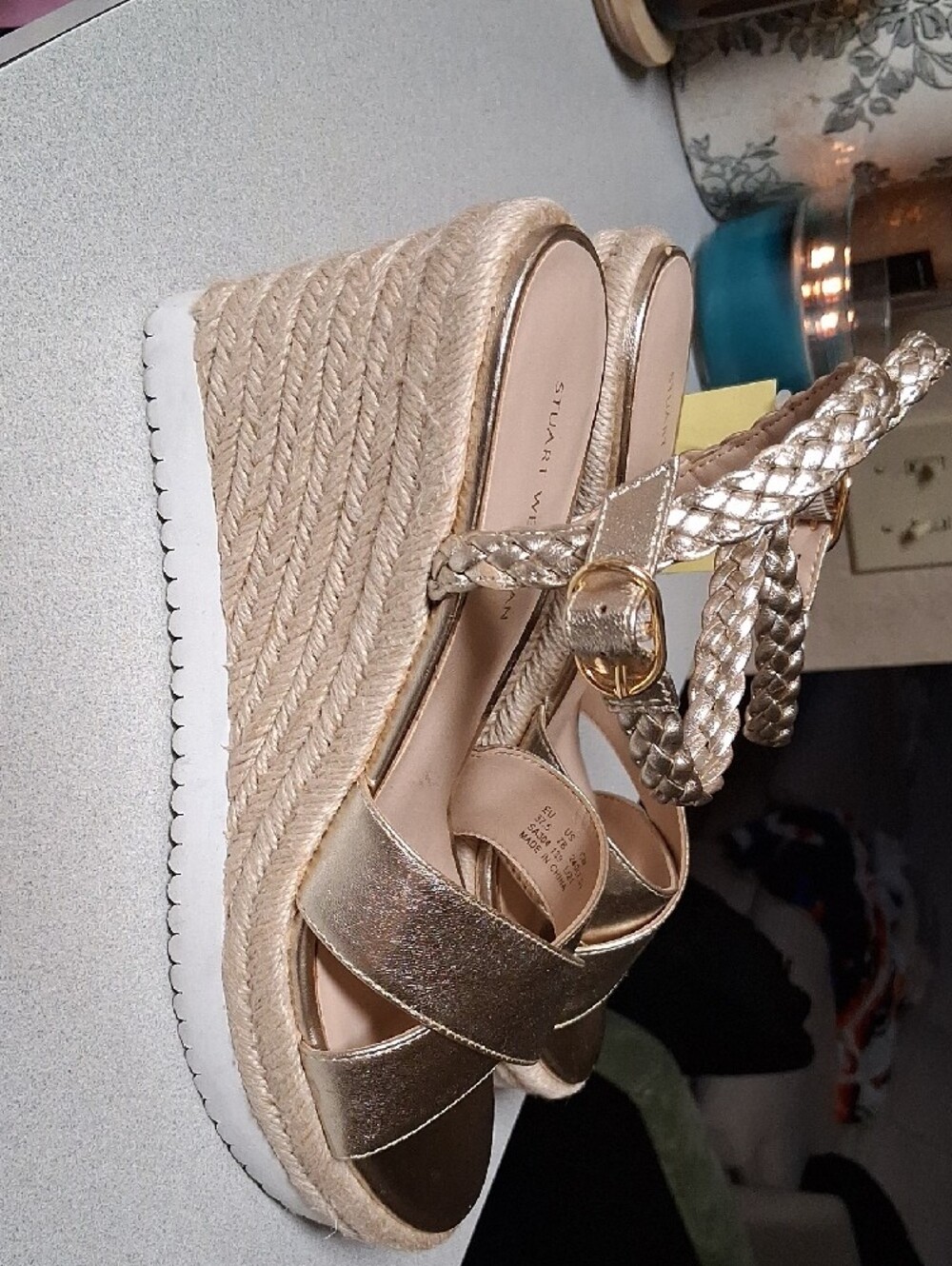 BNWT Stuart Weitzman MYKONOS Metallic Gold Braided Ankle Espadrille Wedges 7B - Picture 2 of 5